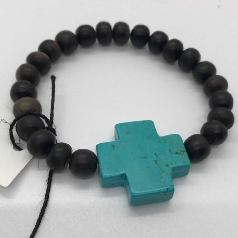 NWT Silver‎ Soup wooden bracelet turquoise cross